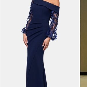 Xscape One Shoulder Dress with Navy Floral Lace